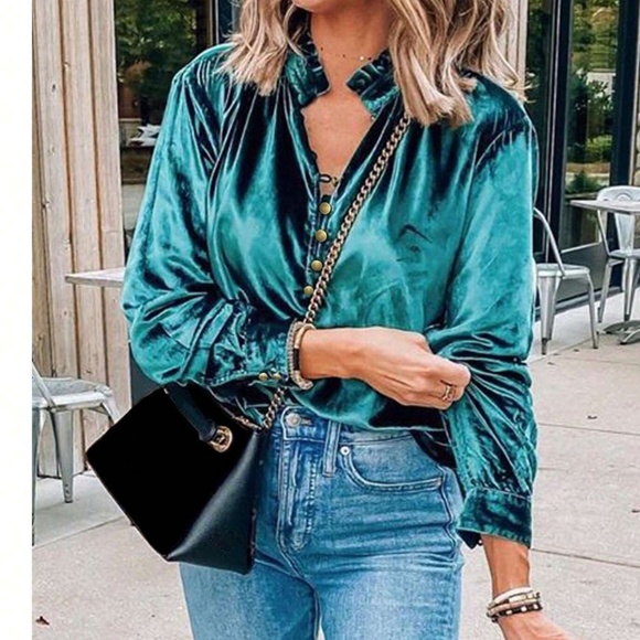 Tops - Luxe Teal Green Velvet Button up Frill Neck Long Sleeve Top